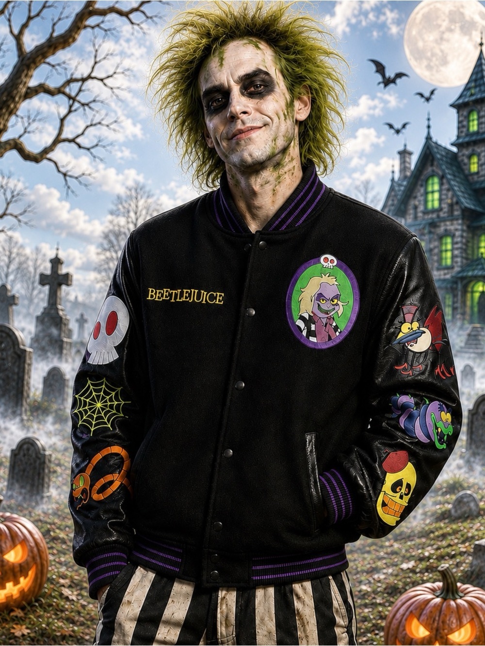 Beetlejuice haunted house embroidered Halloween bomber jacket 2XL